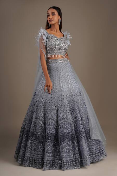 Chaashni By Maansi And Ketan_Blue Net Sequins, Cut Work, Mirrors Asymmetric Embroidered Lehenga And Blouse Set _Online_at_Aza_Fashions
