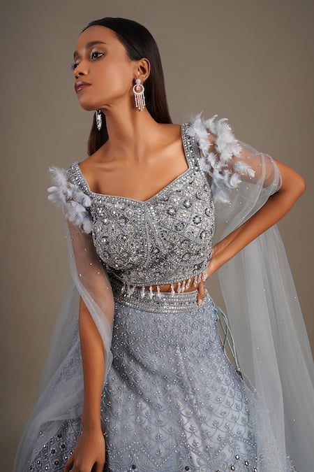 Buy_Chaashni By Maansi And Ketan_Blue Net Sequins, Cut Work, Mirrors Asymmetric Embroidered Lehenga And Blouse Set _Online_at_Aza_Fashions