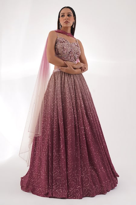 Chaashni By Maansi And Ketan_Pink Lycra Sequins, Cut Work Sweetheart Ombre Pleated Embroidered Lehenga Set _Online_at_Aza_Fashions