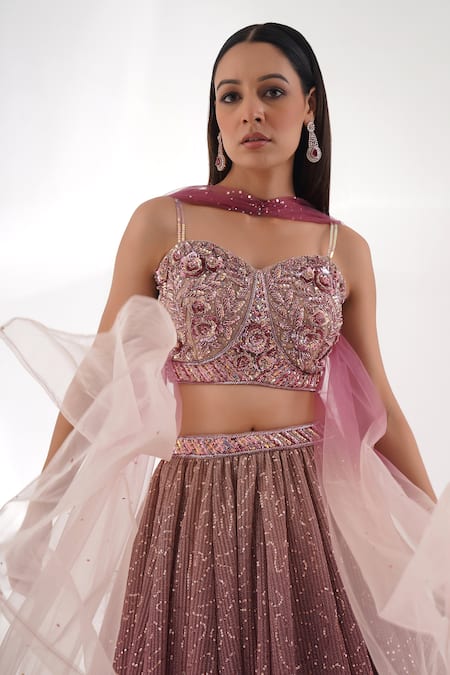 Buy_Chaashni By Maansi And Ketan_Pink Lycra Sequins, Cut Work Sweetheart Ombre Pleated Embroidered Lehenga Set _Online_at_Aza_Fashions
