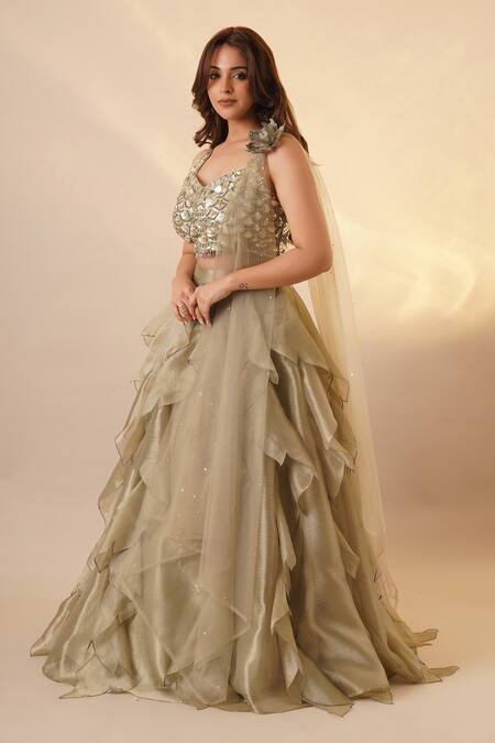 Chaashni By Maansi And Ketan_Green Organza Sequins, Cut Work, Stones Sweetheart Layered Lehenga Blouse Set_Online_at_Aza_Fashions