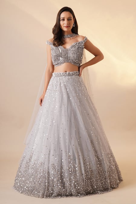 Chaashni by Maansi and Ketan Grey Net Embroidery Sequin Sweetheart Neck Scattered Lehenga Blouse Set