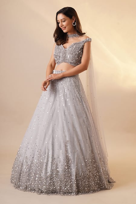 Chaashni By Maansi And Ketan_Grey Net Sequins Sweetheart Neck Scattered Embroidered Lehenga Blouse Set_Online_at_Aza_Fashions