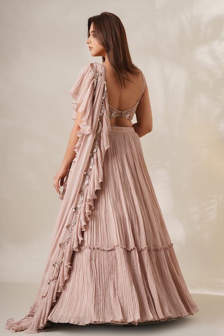 Chaashni By Maansi And Ketan_Beige Georgette Sequins, Cut Work, Pearls Sweetheart Draped Lehenga And Blouse Set _Online_at_Aza_Fashions