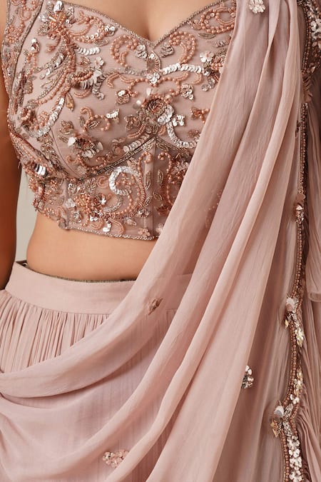 Buy_Chaashni By Maansi And Ketan_Beige Georgette Sequins, Cut Work, Pearls Sweetheart Draped Lehenga And Blouse Set _Online_at_Aza_Fashions