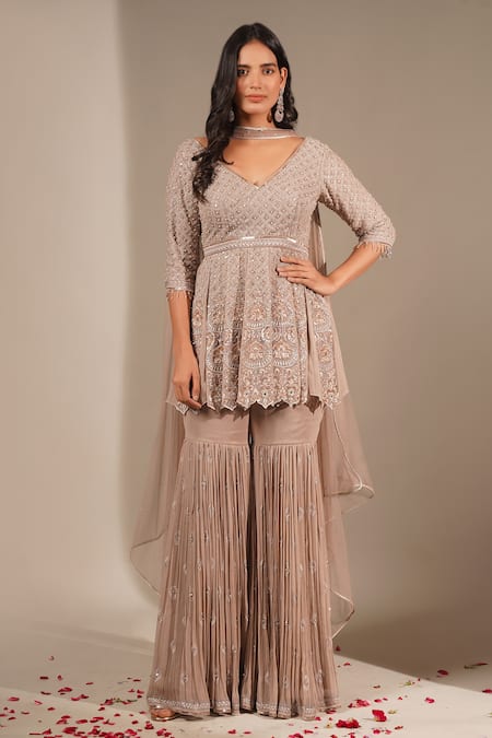 Chaashni By Maansi And Ketan Brown Georgette Pearls, Sequins, Cut Resham Embroidered Peplum Kurta Gharara Set 