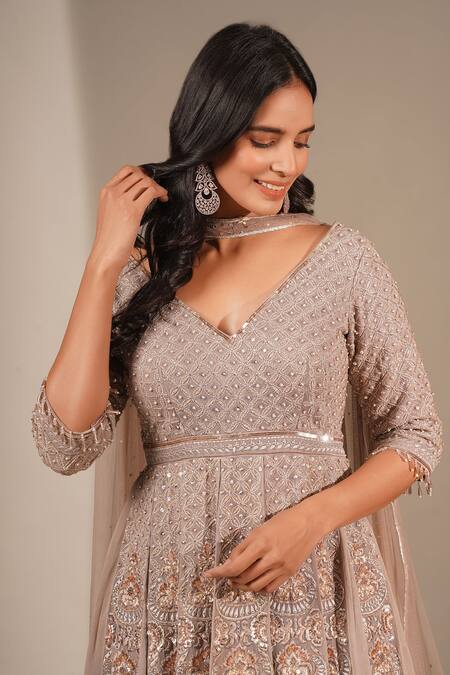 Chaashni By Maansi And Ketan_Brown Georgette Pearls, Sequins, Cut Resham Embroidered Peplum Kurta Gharara Set _Online_at_Aza_Fashions