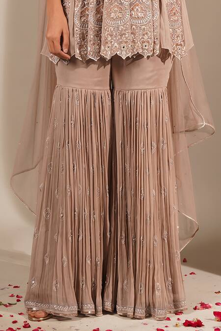 Buy Chaashni By Maansi And Ketan Brown Georgette Pearls, Sequins, Cut Resham Embroidered Peplum Kurta Gharara Set Online at Aza Fashions Buy_Chaashni By Maansi And Ketan_Brown Georgette Pearls, Sequins, Cut Resham Embroidered Peplum Kurta Gharara Set _Online_at_Aza_Fashions