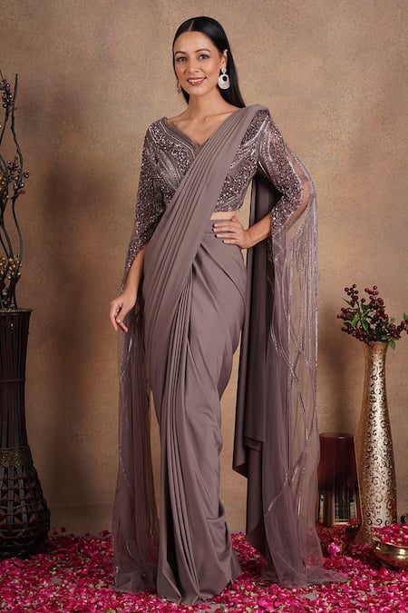 Chaashni by Maansi and Ketan Brown Lycra Embellished Sequin Leaf Neck Pre-draped Saree And Blouse Set