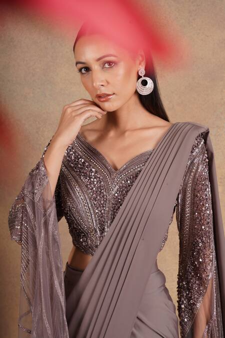 Modern Beauty Dark Grey Sequined Pre-Pleated Ready-Made Sari -INN