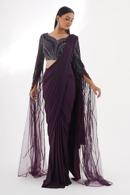Chaashni By Maansi And Ketan_Purple Lycra Sequins, Pearls Embellished Pre-draped Saree And Blouse Set_Online_at_Aza_Fashions