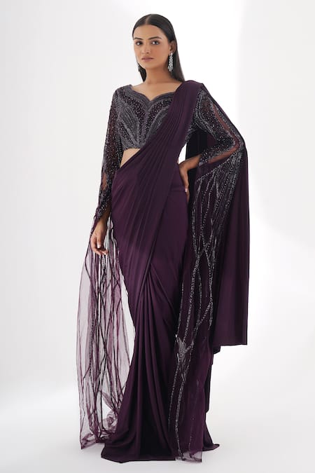 Buy_Chaashni By Maansi And Ketan_Purple Lycra Sequins, Pearls Embellished Pre-draped Saree And Blouse Set_Online_at_Aza_Fashions