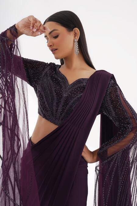 Shop_Chaashni By Maansi And Ketan_Purple Lycra Sequins, Pearls Embellished Pre-draped Saree And Blouse Set_Online_at_Aza_Fashions