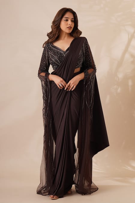 Chaashni by Maansi and Ketan Brown Lycra Embellished Sequin Leaf Neck Pre-draped Saree With Work Blouse