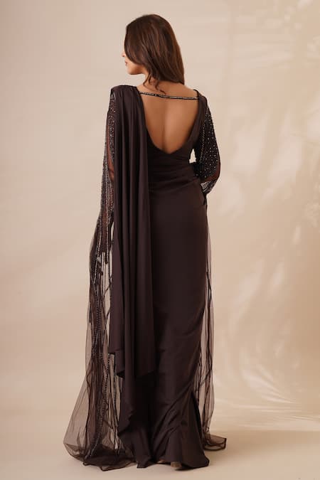 Shop_Chaashni By Maansi And Ketan_Brown Lycra Sequins, Beads V-neck Pre-draped Saree With Work Blouse _at_Aza_Fashions