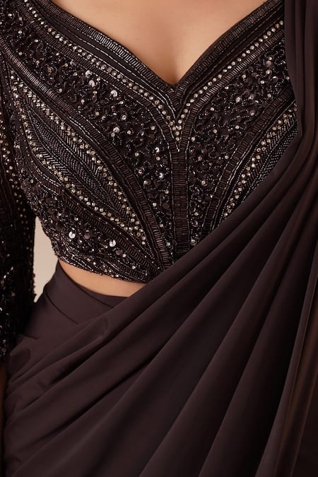 Buy_Chaashni By Maansi And Ketan_Brown Lycra Sequins, Beads V-neck Pre-draped Saree With Work Blouse _Online_at_Aza_Fashions