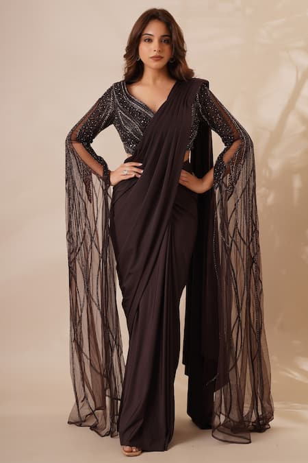 Shop_Chaashni By Maansi And Ketan_Brown Lycra Sequins, Beads V-neck Pre-draped Saree With Work Blouse _Online_at_Aza_Fashions