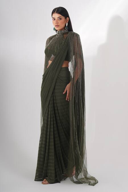 Chaashni By Maansi And Ketan_Green Lycra Beads, Stones, Pearls High Pre-draped Saree Embroidered Cape Set_Online_at_Aza_Fashions