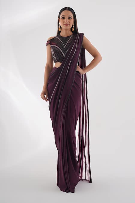 Chaashni by Maansi and Ketan Wine Lycra Embroidered Bead Closed Neck Pre-draped Saree With Work Blouse