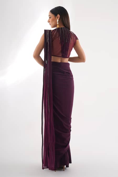 Shop Chaashni By Maansi And Ketan Wine Lycra Beads, Stones, Cut Work Collared Embroidered Pre-draped Saree Set at Aza Fashions Shop_Chaashni By Maansi And Ketan_Wine Lycra Beads, Stones, Cut Work Collared Embroidered Pre-draped Saree Set _at_Aza_Fashions