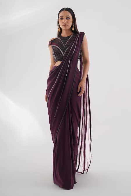 Chaashni By Maansi And Ketan Wine Lycra Beads, Stones, Cut Work Collared Embroidered Pre-draped Saree Set Online at Aza Fashions Chaashni By Maansi And Ketan_Wine Lycra Beads, Stones, Cut Work Collared Embroidered Pre-draped Saree Set _Online_at_Aza_Fashions