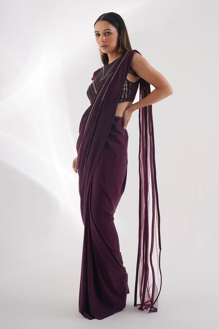 Buy Chaashni By Maansi And Ketan Wine Lycra Beads, Stones, Cut Work Collared Embroidered Pre-draped Saree Set Online at Aza Fashions Buy_Chaashni By Maansi And Ketan_Wine Lycra Beads, Stones, Cut Work Collared Embroidered Pre-draped Saree Set _Online_at_Aza_Fashions
