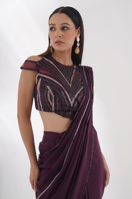 Shop Chaashni By Maansi And Ketan Wine Lycra Beads, Stones, Cut Work Collared Embroidered Pre-draped Saree Set Online at Aza Fashions Shop_Chaashni By Maansi And Ketan_Wine Lycra Beads, Stones, Cut Work Collared Embroidered Pre-draped Saree Set _Online_at_Aza_Fashions