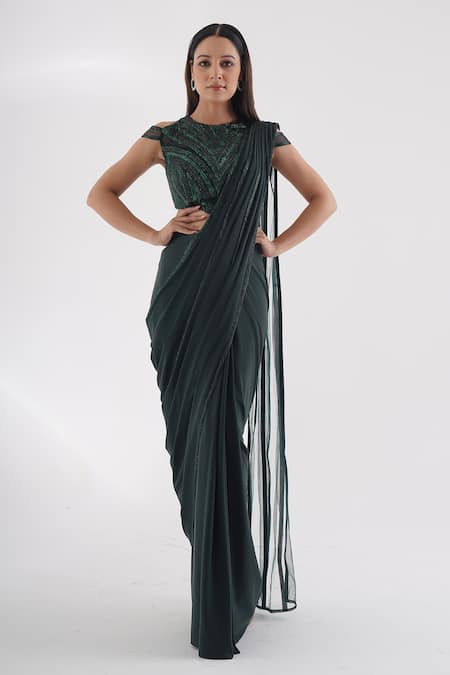 Chaashni by Maansi and Ketan Green Lycra Embroidered Bead Closed Neck Pre-draped Saree With Blouse 