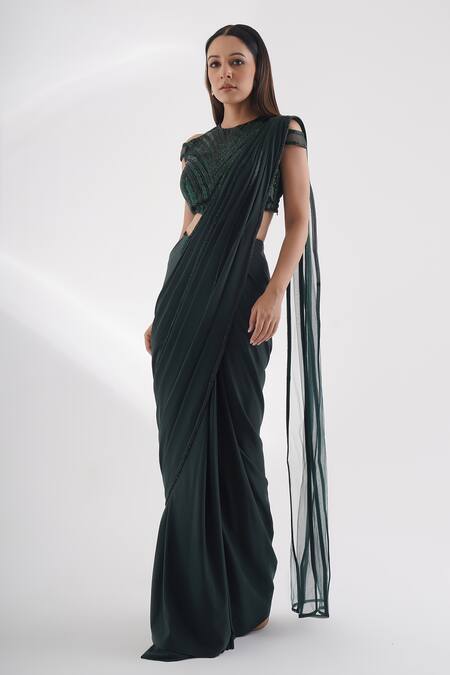 Chaashni By Maansi And Ketan_Green Lycra Beads, Stones, Cut Work Pre-draped Saree With Embroidered Blouse_Online_at_Aza_Fashions