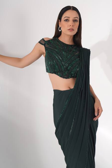 Buy_Chaashni By Maansi And Ketan_Green Lycra Beads, Stones, Cut Work Pre-draped Saree With Embroidered Blouse_Online_at_Aza_Fashions