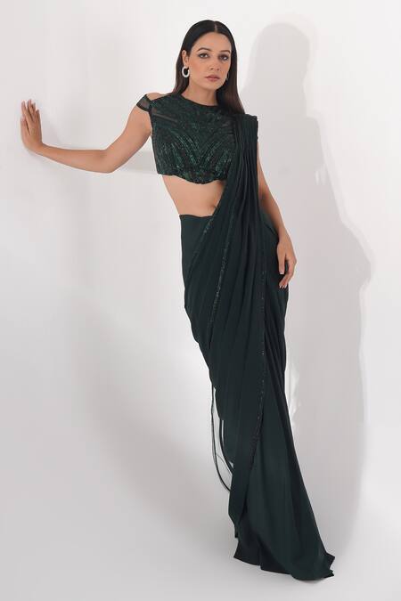 Shop_Chaashni By Maansi And Ketan_Green Lycra Beads, Stones, Cut Work Pre-draped Saree With Embroidered Blouse_Online_at_Aza_Fashions