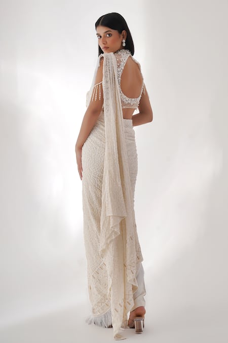 Chaashni by Maansi and Ketan_Off White Georgette Pearls, Beads, Sequins Pant Saree And Embroidered Blouse Set _Online_at_Aza_Fashions