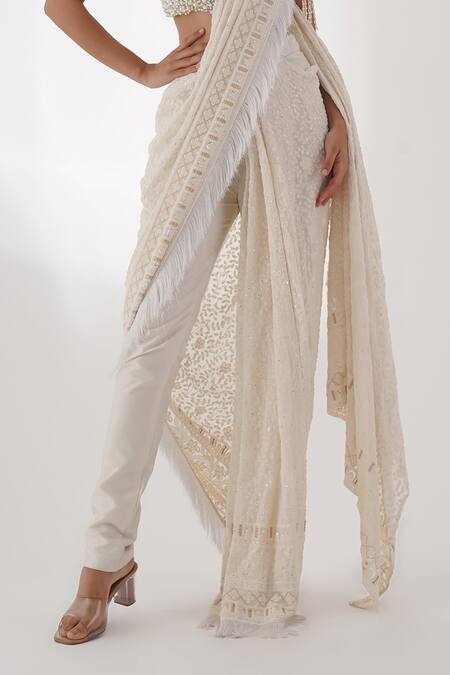 Shop_Chaashni by Maansi and Ketan_Off White Georgette Pearls, Beads, Sequins Pant Saree And Embroidered Blouse Set _Online_at_Aza_Fashions