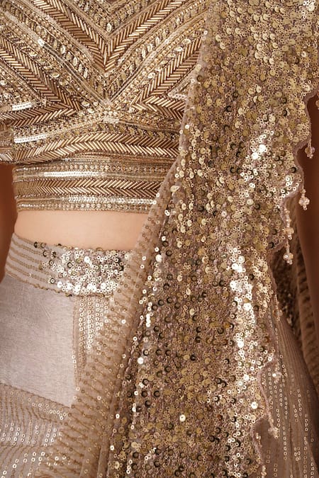 Shop_Chaashni By Maansi And Ketan_Gold Net Sequins, Beads Sweetheart Neck Embroidered Pant Saree With Blouse _Online_at_Aza_Fashions