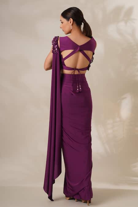 Chaashni By Maansi And Ketan_Wine Lycra Embroidery Round Neck Pre-draped Saree With Applique Work Blouse _Online_at_Aza_Fashions