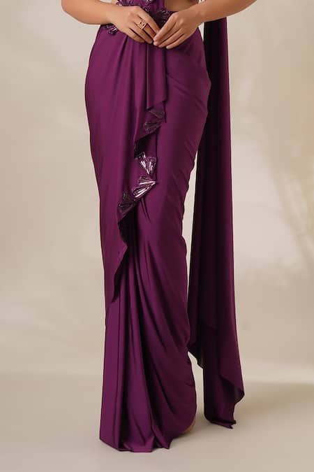 Buy_Chaashni By Maansi And Ketan_Wine Lycra Embroidery Round Neck Pre-draped Saree With Applique Work Blouse _Online_at_Aza_Fashions