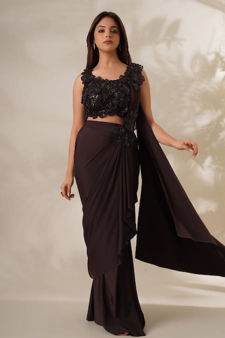 Buy_Chaashni By Maansi And Ketan_Brown Lycra Embroidery Round Neck Pre-draped Saree With Floral Blouse _Online_at_Aza_Fashions