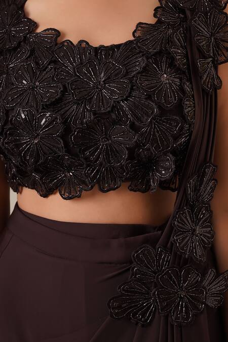 Shop_Chaashni By Maansi And Ketan_Brown Lycra Embroidery Round Neck Pre-draped Saree With Floral Blouse _Online_at_Aza_Fashions