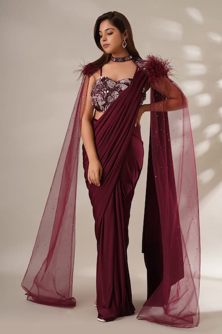 Chaashni by Maansi and Ketan Maroon Lycra Embellished Bead Blouse High Neck Pre-draped Saree Cape Set 