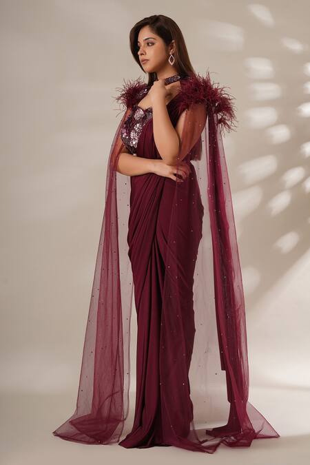 Chaashni By Maansi And Ketan Maroon Lycra Beads, Sequins, Cut Work, Pre-draped Saree Embellished Cape Set Online at Aza Fashions Chaashni By Maansi And Ketan_Maroon Lycra Beads, Sequins, Cut Work, Pre-draped Saree Embellished Cape Set _Online_at_Aza_Fashions