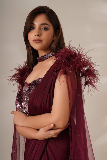 Buy Chaashni By Maansi And Ketan Maroon Lycra Beads, Sequins, Cut Work, Pre-draped Saree Embellished Cape Set Online at Aza Fashions Buy_Chaashni By Maansi And Ketan_Maroon Lycra Beads, Sequins, Cut Work, Pre-draped Saree Embellished Cape Set _Online_at_Aza_Fashions