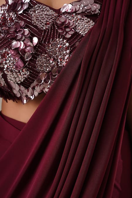 Shop Chaashni By Maansi And Ketan Maroon Lycra Beads, Sequins, Cut Work, Pre-draped Saree Embellished Cape Set Online at Aza Fashions Shop_Chaashni By Maansi And Ketan_Maroon Lycra Beads, Sequins, Cut Work, Pre-draped Saree Embellished Cape Set _Online_at_Aza_Fashions