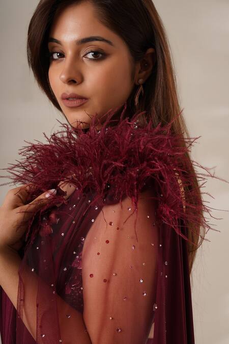 Chaashni By Maansi And Ketan Maroon Lycra Beads, Sequins, Cut Work, Pre-draped Saree Embellished Cape Set at Aza Fashions Chaashni By Maansi And Ketan_Maroon Lycra Beads, Sequins, Cut Work, Pre-draped Saree Embellished Cape Set _at_Aza_Fashions