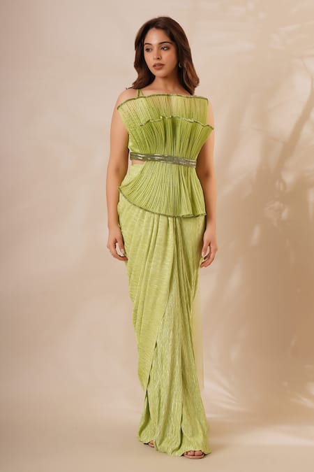 Chaashni by Maansi and Ketan Green Lycra Embroidered Nalki And Cut Dana Work Ruffle Neck Panelled Saree Gown