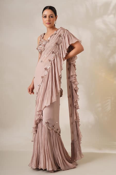 Buy_Chaashni By Maansi And Ketan_Brown Georgette Pearls, Sequins Sweetheart Embroidered Ruffle Saree And Blouse Set _Online_at_Aza_Fashions