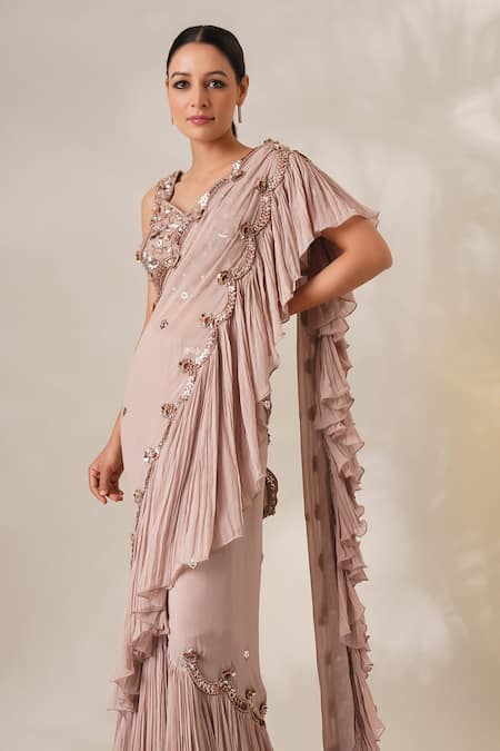 Shop_Chaashni By Maansi And Ketan_Brown Georgette Pearls, Sequins Sweetheart Embroidered Ruffle Saree And Blouse Set _Online_at_Aza_Fashions