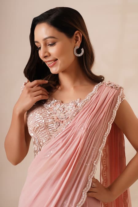 Chaashni By Maansi And Ketan Peach Georgette Beads, Sequins, Embroidery Ruffle Saree And Blouse Set Online at Aza Fashions Chaashni By Maansi And Ketan_Peach Georgette Beads, Sequins, Embroidery Ruffle Saree And Blouse Set _Online_at_Aza_Fashions