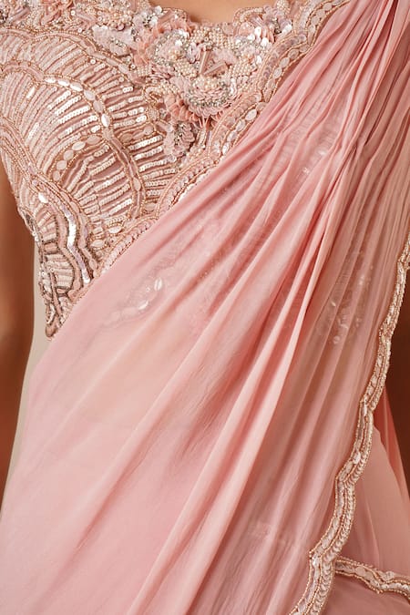 Buy Chaashni By Maansi And Ketan Peach Georgette Beads, Sequins, Embroidery Ruffle Saree And Blouse Set Online at Aza Fashions Buy_Chaashni By Maansi And Ketan_Peach Georgette Beads, Sequins, Embroidery Ruffle Saree And Blouse Set _Online_at_Aza_Fashions