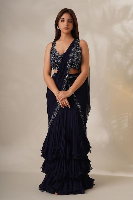 Chaashni by Maansi and Ketan Blue Georgette Hand Embroidered Sequin Halter Neck Ruffle Saree With Blouse