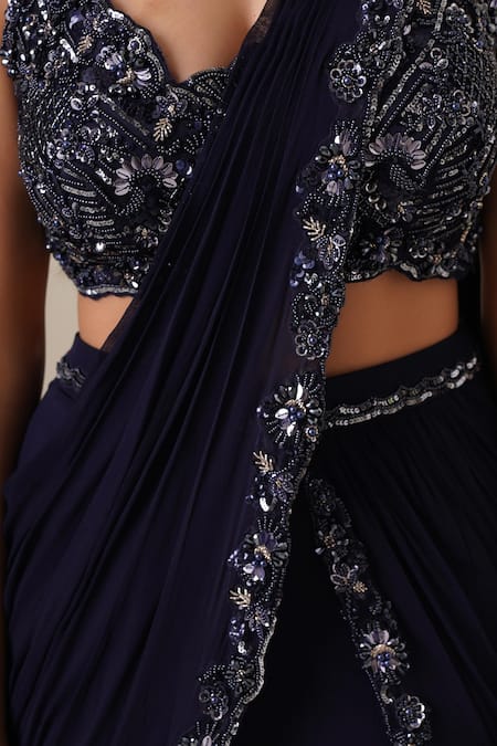 Shop_Chaashni By Maansi And Ketan_Blue Georgette Sequins, Pearls, Beads, Cut Ruffle Saree With Embroidered Blouse _Online_at_Aza_Fashions